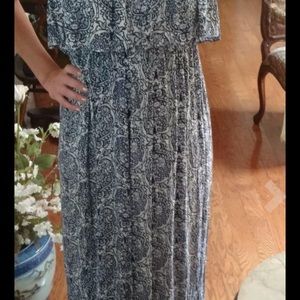 Blue and white strapless maxi dress